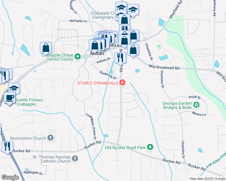 map of restaurants, bars, coffee shops, grocery stores, and more near 12445 Beragio Place in Alpharetta