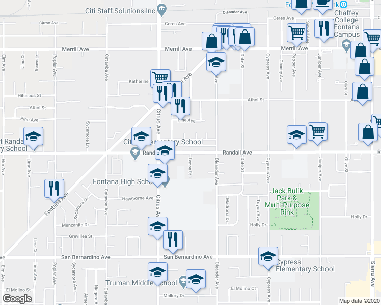 map of restaurants, bars, coffee shops, grocery stores, and more near Randall Avenue in Fontana