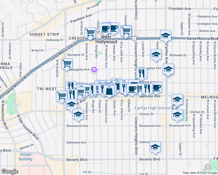 map of restaurants, bars, coffee shops, grocery stores, and more near 728 North Sweetzer Avenue in Los Angeles