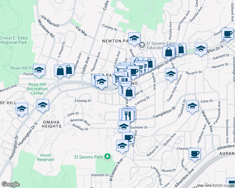 map of restaurants, bars, coffee shops, grocery stores, and more near 3330 Thelma Avenue in Los Angeles