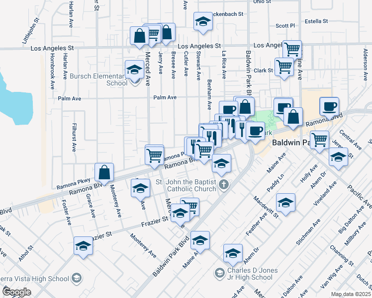 map of restaurants, bars, coffee shops, grocery stores, and more near 13930 Lubican Street in Baldwin Park
