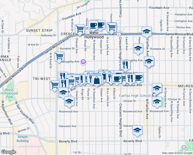 map of restaurants, bars, coffee shops, grocery stores, and more near 728 North Sweetzer Avenue in Los Angeles