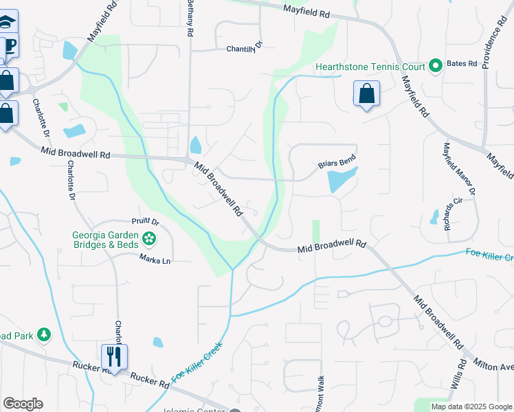 map of restaurants, bars, coffee shops, grocery stores, and more near 1055 Gramercy Lane in Alpharetta