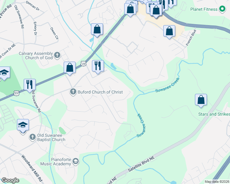 map of restaurants, bars, coffee shops, grocery stores, and more near 1265 Brynhill Court in Buford