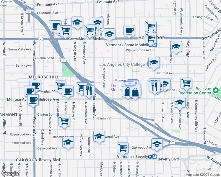 map of restaurants, bars, coffee shops, grocery stores, and more near 743 Alexandria Avenue in Los Angeles