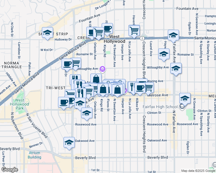 map of restaurants, bars, coffee shops, grocery stores, and more near 740 Kings Road in Los Angeles