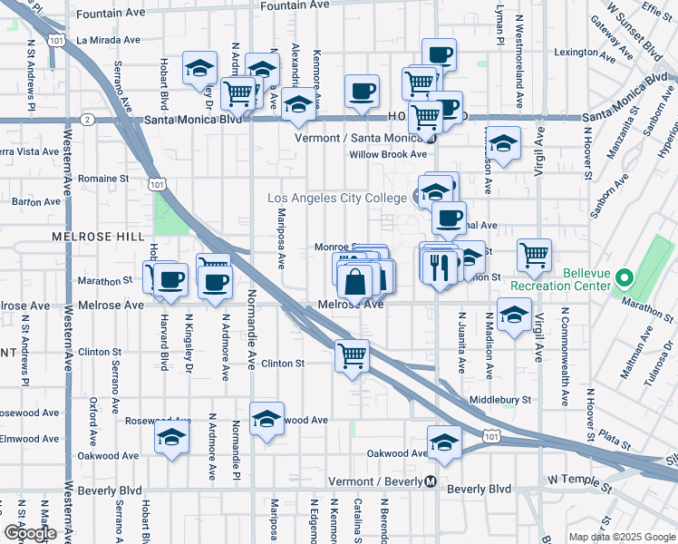 map of restaurants, bars, coffee shops, grocery stores, and more near 743 North Edgemont Street in Los Angeles