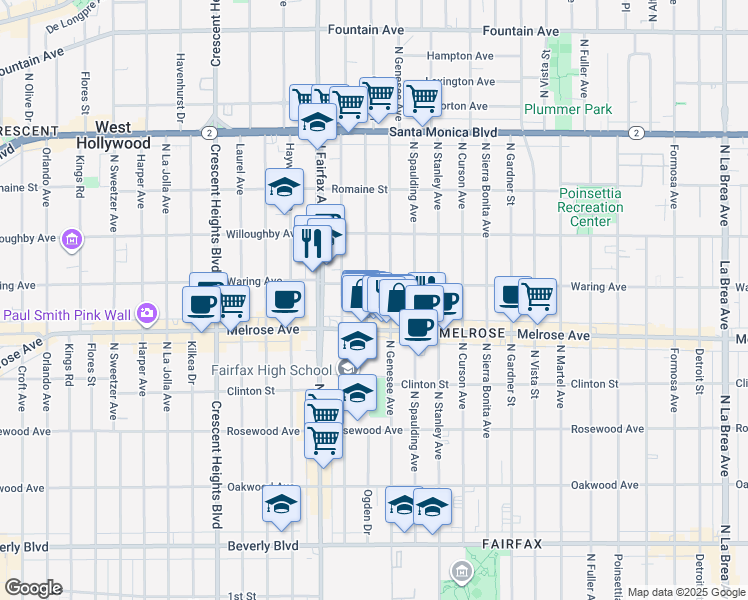map of restaurants, bars, coffee shops, grocery stores, and more near 720 North Ogden Drive in Los Angeles
