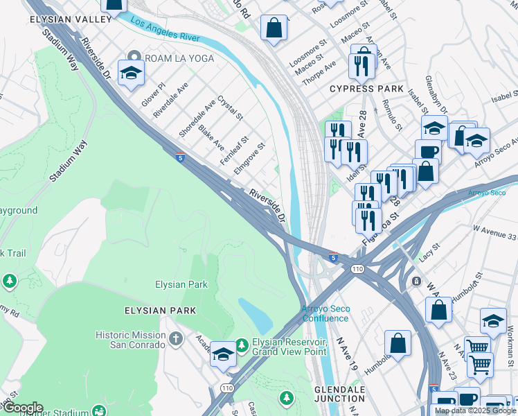 map of restaurants, bars, coffee shops, grocery stores, and more near Riverside Dr in Los Angeles