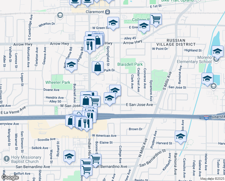 map of restaurants, bars, coffee shops, grocery stores, and more near 643 South College Avenue in Claremont