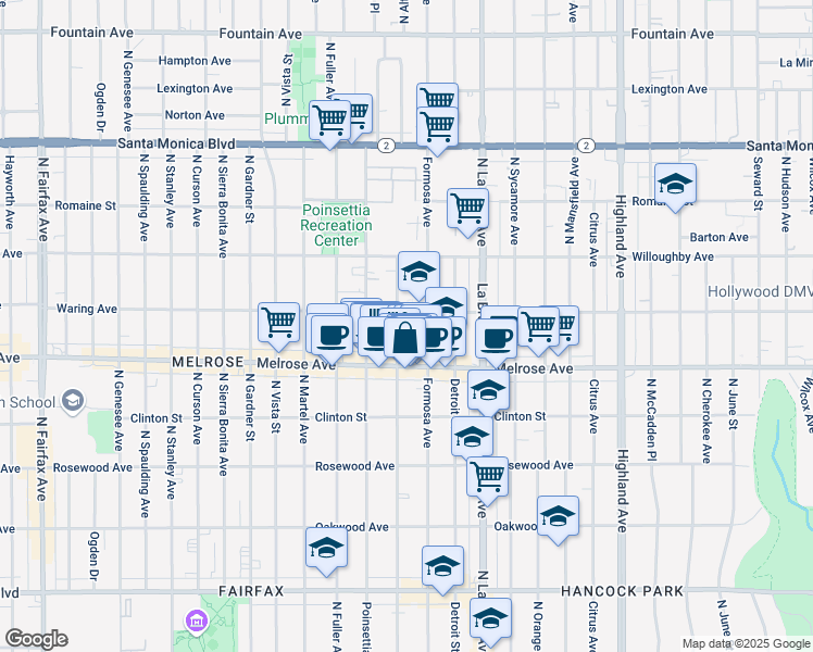 map of restaurants, bars, coffee shops, grocery stores, and more near 732 North Alta Vista Boulevard in West Hollywood