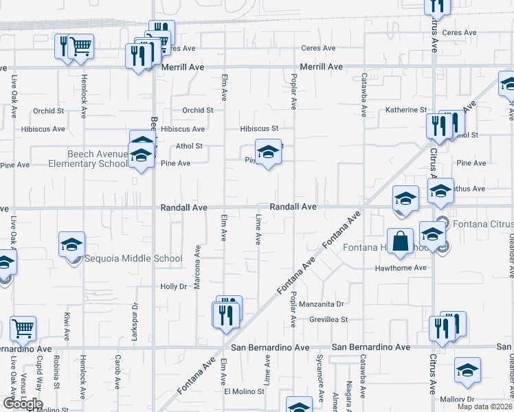 map of restaurants, bars, coffee shops, grocery stores, and more near 15620 Randall Avenue in Fontana