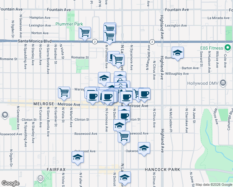 map of restaurants, bars, coffee shops, grocery stores, and more near 731 North Detroit Street in Los Angeles