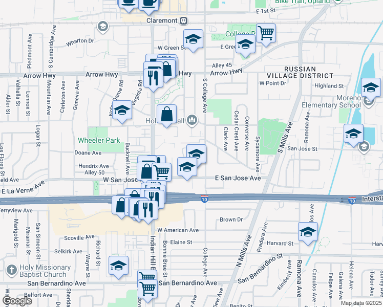 map of restaurants, bars, coffee shops, grocery stores, and more near 643 South College Avenue in Claremont