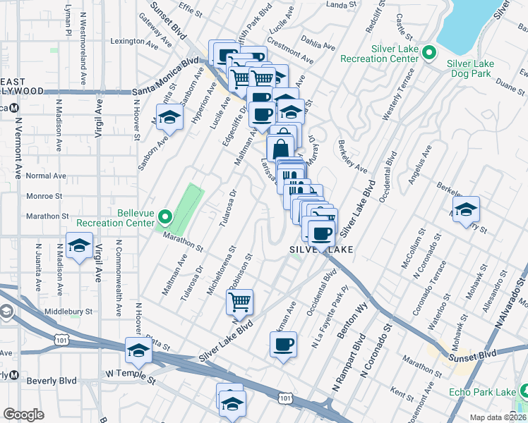 map of restaurants, bars, coffee shops, grocery stores, and more near 3370 Descanso Drive in Los Angeles