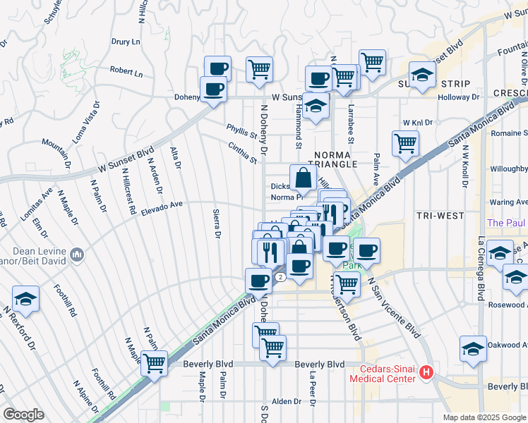 map of restaurants, bars, coffee shops, grocery stores, and more near North Doheny Drive & Elevado Avenue in Beverly Hills