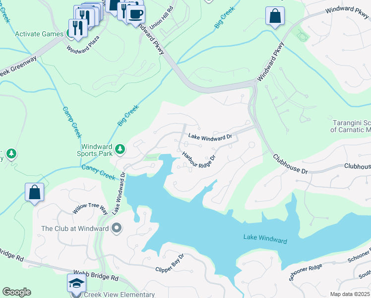 map of restaurants, bars, coffee shops, grocery stores, and more near 7125 Harbour Landing in Alpharetta