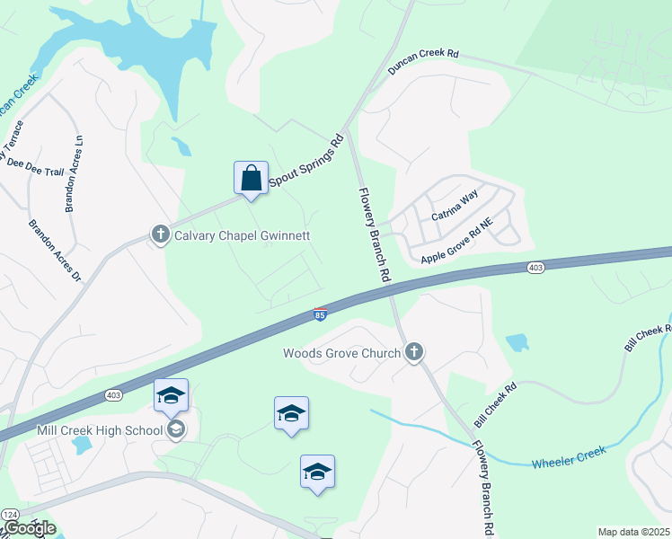 map of restaurants, bars, coffee shops, grocery stores, and more near 2059 Old Flowery Branch Road Northeast in Buford