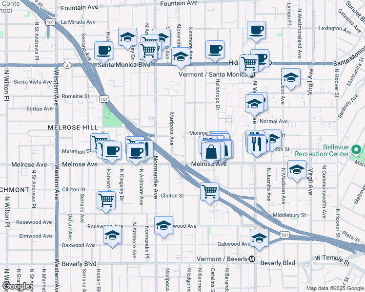 map of restaurants, bars, coffee shops, grocery stores, and more near 743 Alexandria Avenue in Los Angeles
