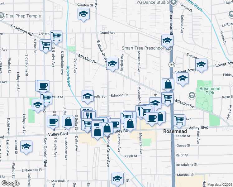 map of restaurants, bars, coffee shops, grocery stores, and more near 8633 Edmond Drive in Rosemead