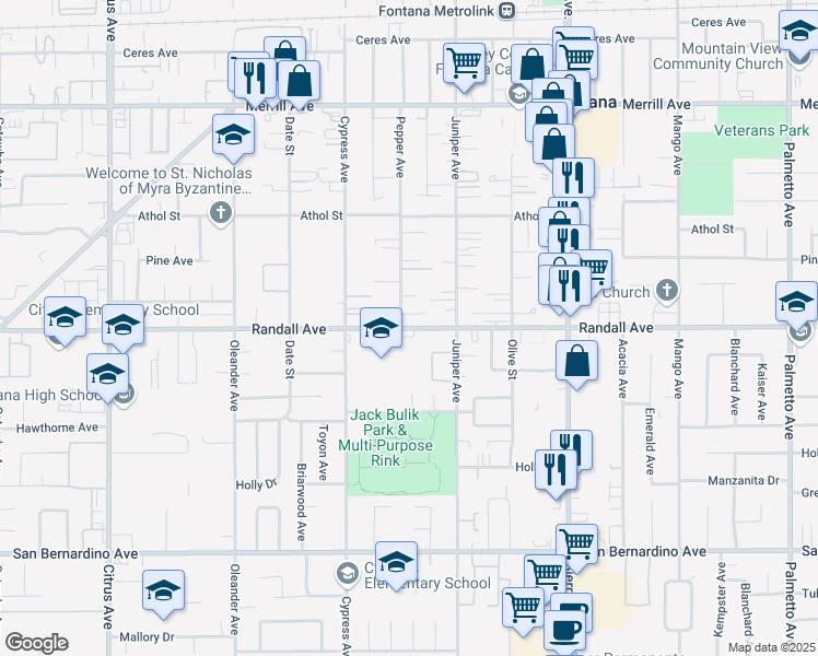 map of restaurants, bars, coffee shops, grocery stores, and more near 16613 Randall Avenue in Fontana