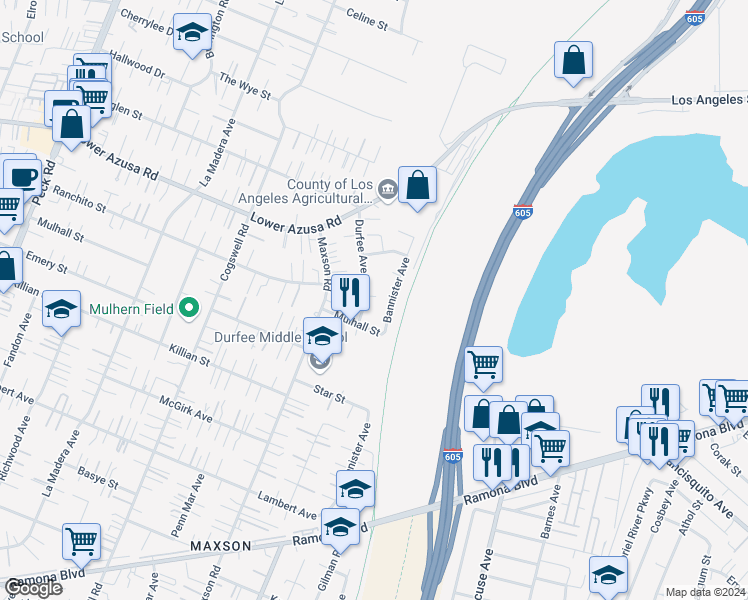 map of restaurants, bars, coffee shops, grocery stores, and more near 4724 Durfee Avenue in El Monte