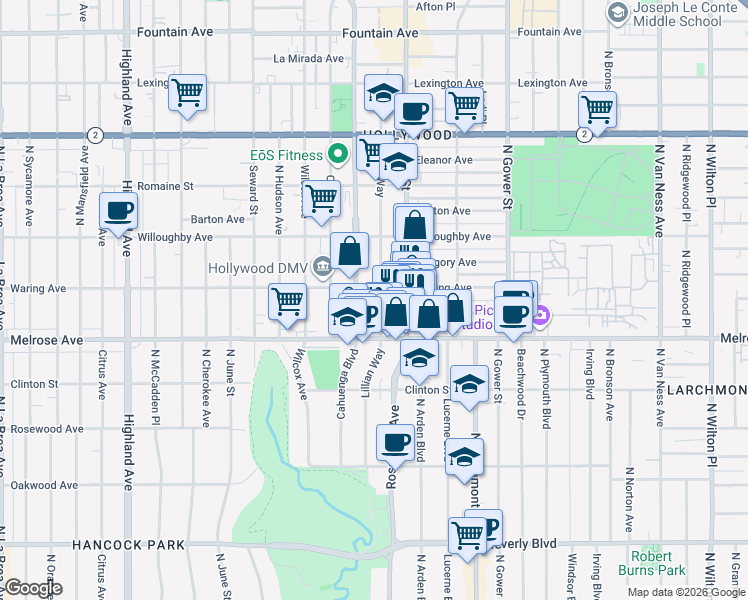 map of restaurants, bars, coffee shops, grocery stores, and more near 747 Lillian Way in Los Angeles
