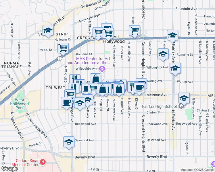 map of restaurants, bars, coffee shops, grocery stores, and more near 740 Kings Road in Los Angeles