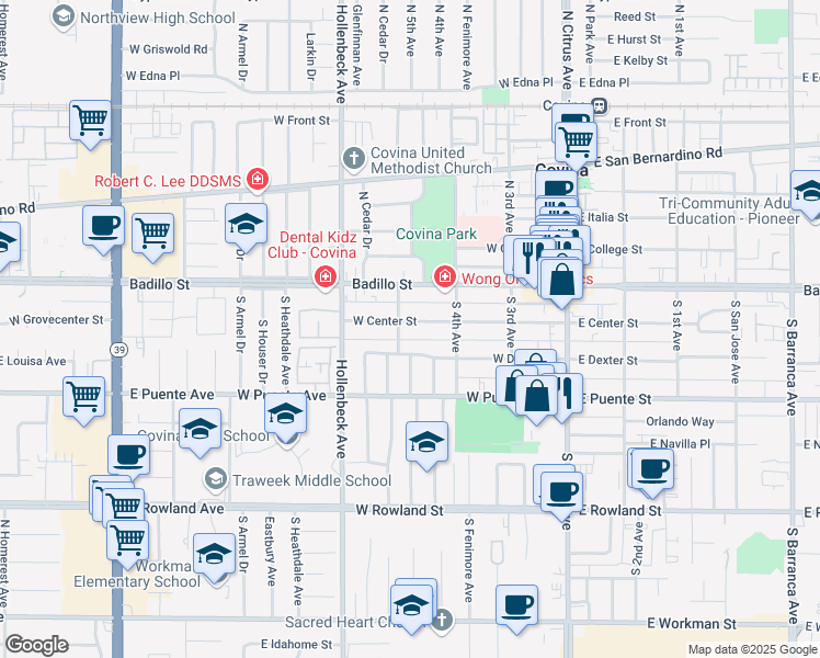 map of restaurants, bars, coffee shops, grocery stores, and more near 370 West Center Street in Covina