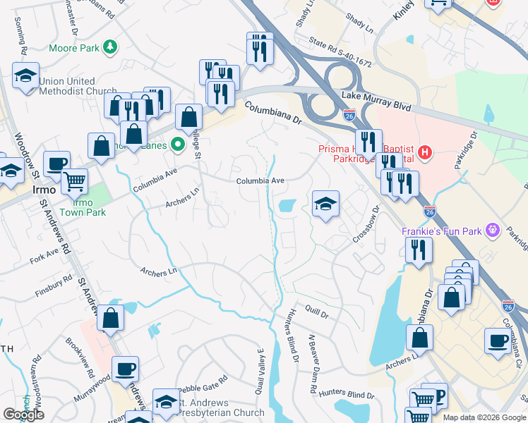 map of restaurants, bars, coffee shops, grocery stores, and more near 15 Yearling Court in Irmo