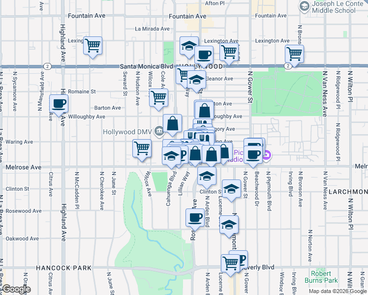 map of restaurants, bars, coffee shops, grocery stores, and more near 747 Lillian Way in Los Angeles