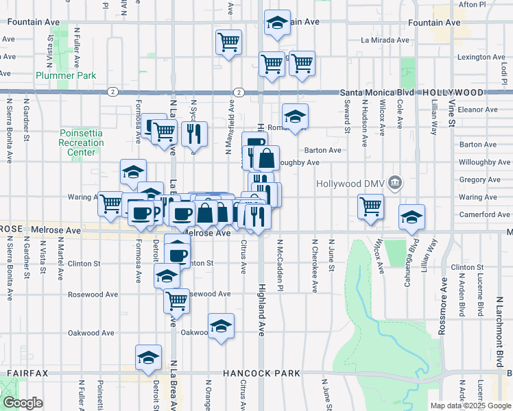 map of restaurants, bars, coffee shops, grocery stores, and more near 736 North Citrus Avenue in Los Angeles