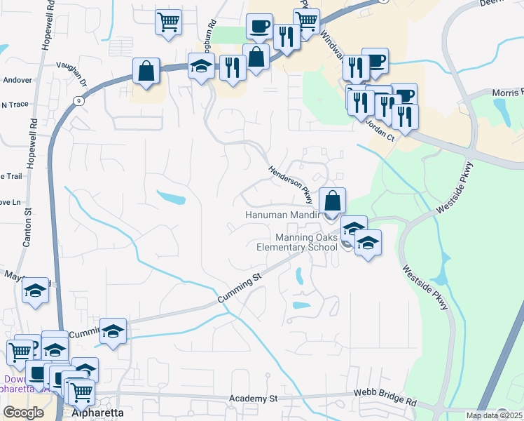 map of restaurants, bars, coffee shops, grocery stores, and more near 1160 Arborhill Lane in Alpharetta