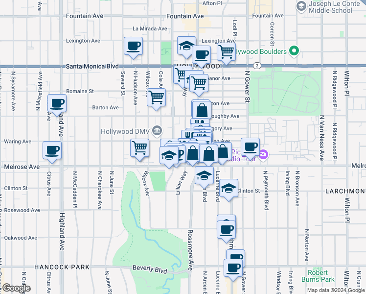 map of restaurants, bars, coffee shops, grocery stores, and more near 747 Lillian Way in Los Angeles