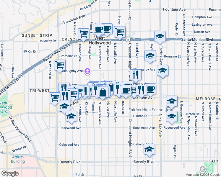 map of restaurants, bars, coffee shops, grocery stores, and more near 738 North Harper Avenue in Los Angeles