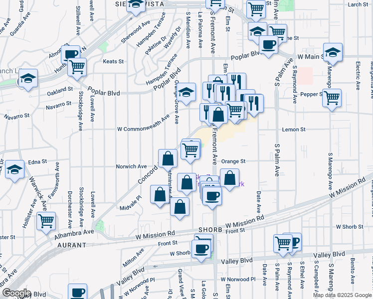 map of restaurants, bars, coffee shops, grocery stores, and more near 2908 Concord Avenue in Alhambra