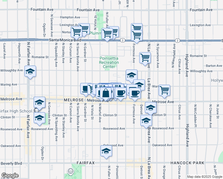 map of restaurants, bars, coffee shops, grocery stores, and more near 727 North Fuller Avenue in Los Angeles