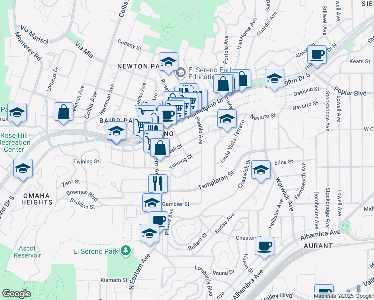 map of restaurants, bars, coffee shops, grocery stores, and more near 4943 Twining Street in Los Angeles