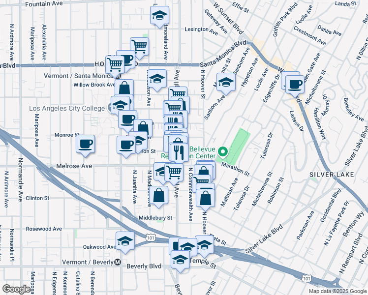 map of restaurants, bars, coffee shops, grocery stores, and more near 3951 Marathon Street in Los Angeles