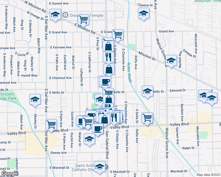 map of restaurants, bars, coffee shops, grocery stores, and more near 1302 East Wells Street in San Gabriel