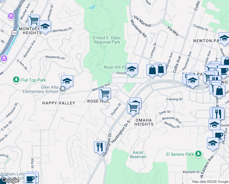 map of restaurants, bars, coffee shops, grocery stores, and more near 3505 Galena Street in Los Angeles