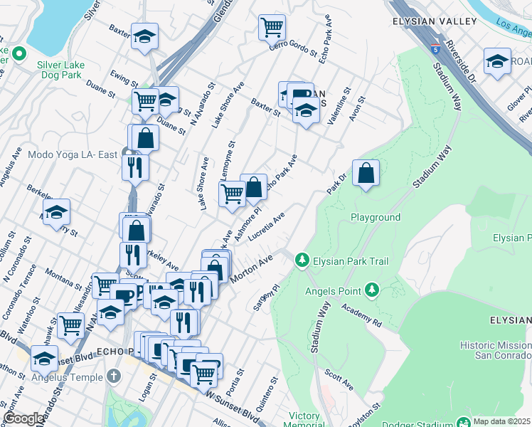 map of restaurants, bars, coffee shops, grocery stores, and more near 1820 Ashmore Place in Los Angeles