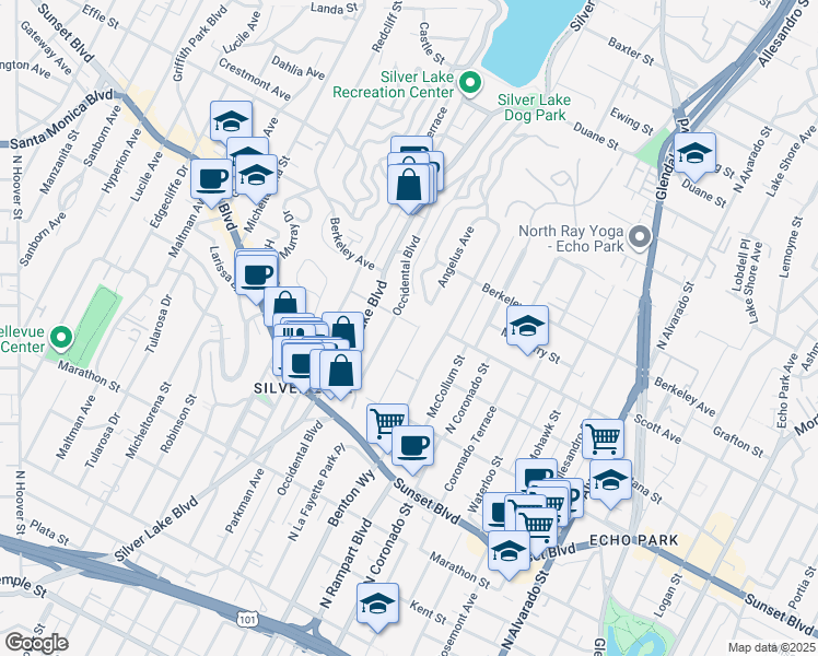 map of restaurants, bars, coffee shops, grocery stores, and more near 1438 Angelus Avenue in Los Angeles
