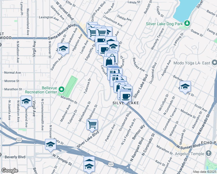map of restaurants, bars, coffee shops, grocery stores, and more near 3349 Descanso Drive in Los Angeles