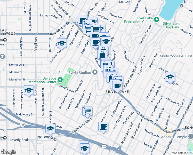 map of restaurants, bars, coffee shops, grocery stores, and more near 3349 Descanso Drive in Los Angeles
