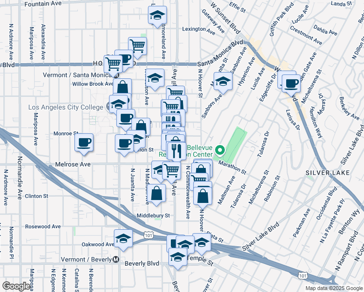 map of restaurants, bars, coffee shops, grocery stores, and more near 3926 Marathon Street in Los Angeles