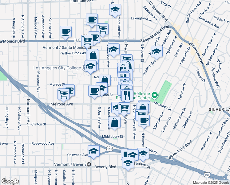 map of restaurants, bars, coffee shops, grocery stores, and more near 4044 Marathon Street in Los Angeles