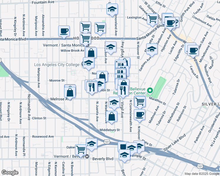map of restaurants, bars, coffee shops, grocery stores, and more near 4044 Marathon Street in Los Angeles