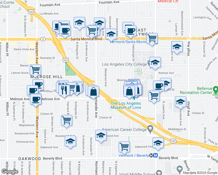 map of restaurants, bars, coffee shops, grocery stores, and more near 710 North Mariposa Avenue in Los Angeles