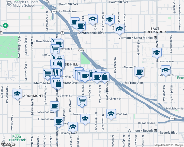 map of restaurants, bars, coffee shops, grocery stores, and more near 732 North Harvard Boulevard in Los Angeles